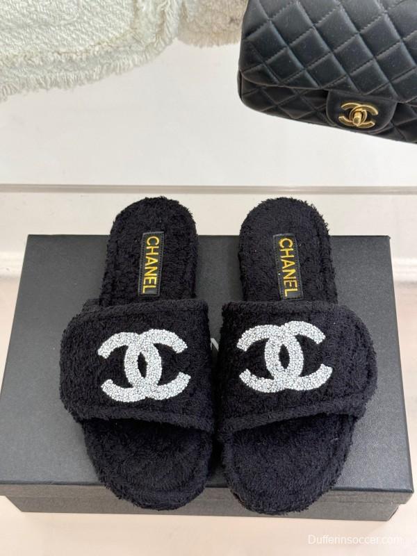 2025 Women Chanel Black Terry Cloth Slippers KFY00220