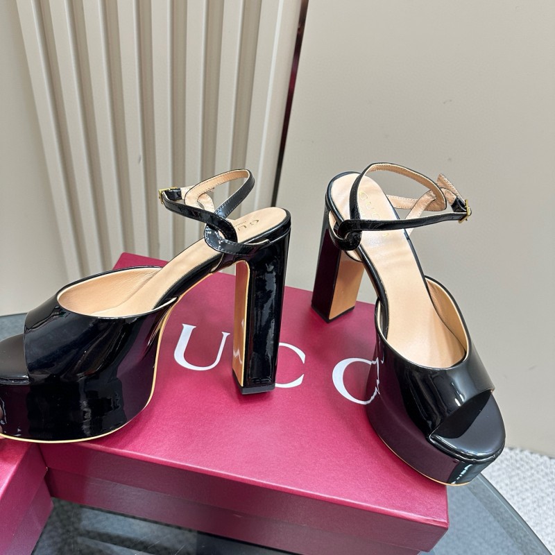 2025 Women Gucci Black Patent Leather Platform Sandals MJ00340