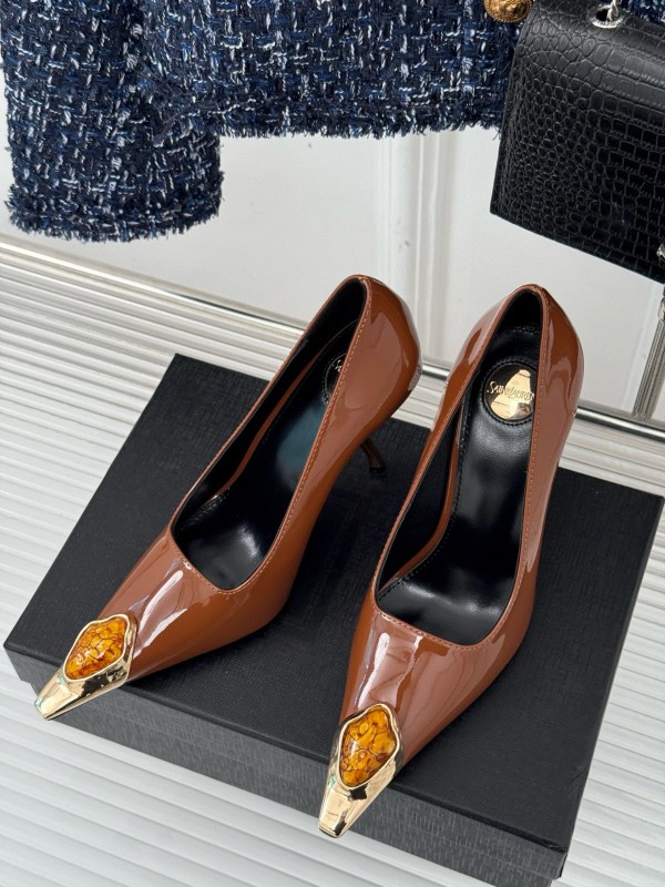 2024 Women Yves Saint Laurent Brown Patent Leather High Heels Metal Tip MJ00330