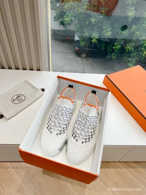 2024 Unisex Hermès White Black Orange Knit Sneakers