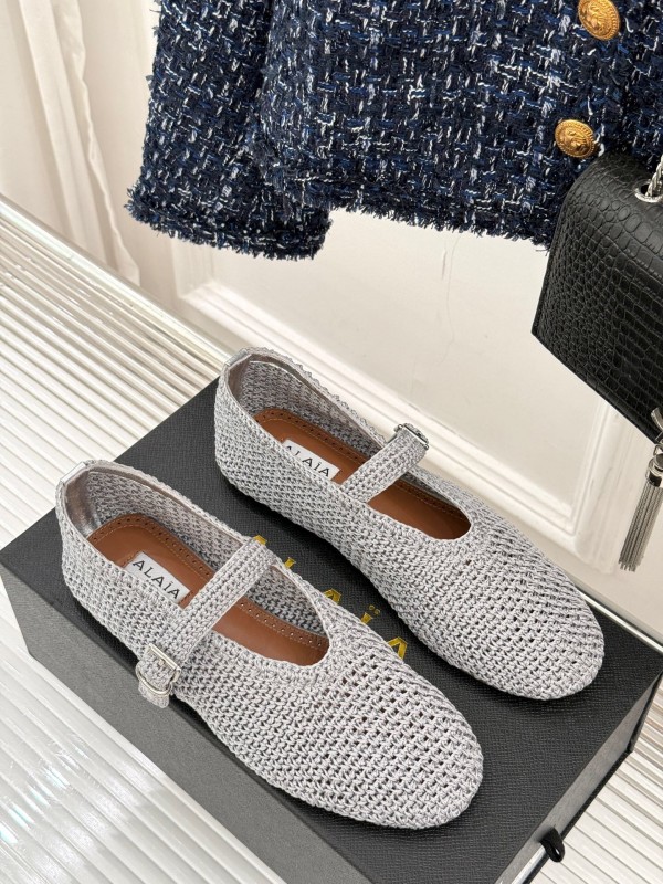 2025 Women AlAIA White Grey Knit Mary Jane Ballet Flat