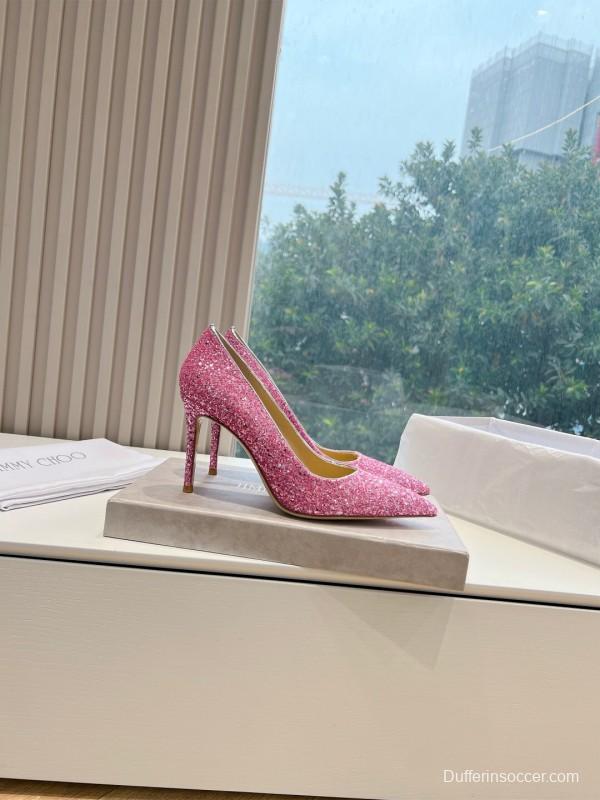 2025 Women Jimmy Choo Pink Glitter Leather High Heels KFY00280