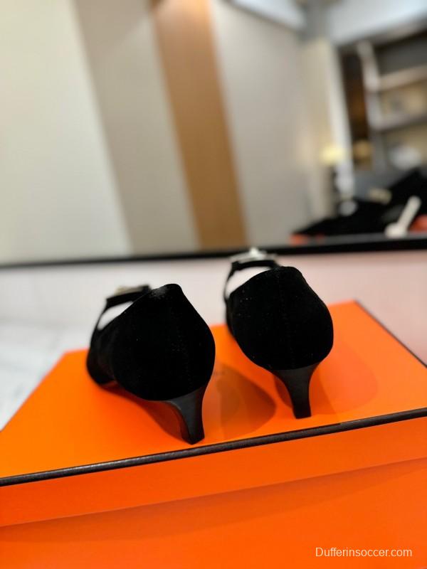 2025 Women Hermès Black Suede Pumps KFY00330