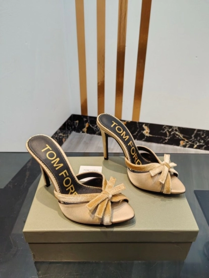 2025 Women TOM FORD Beige Suede High Heel Open Back Sandals KFY00290