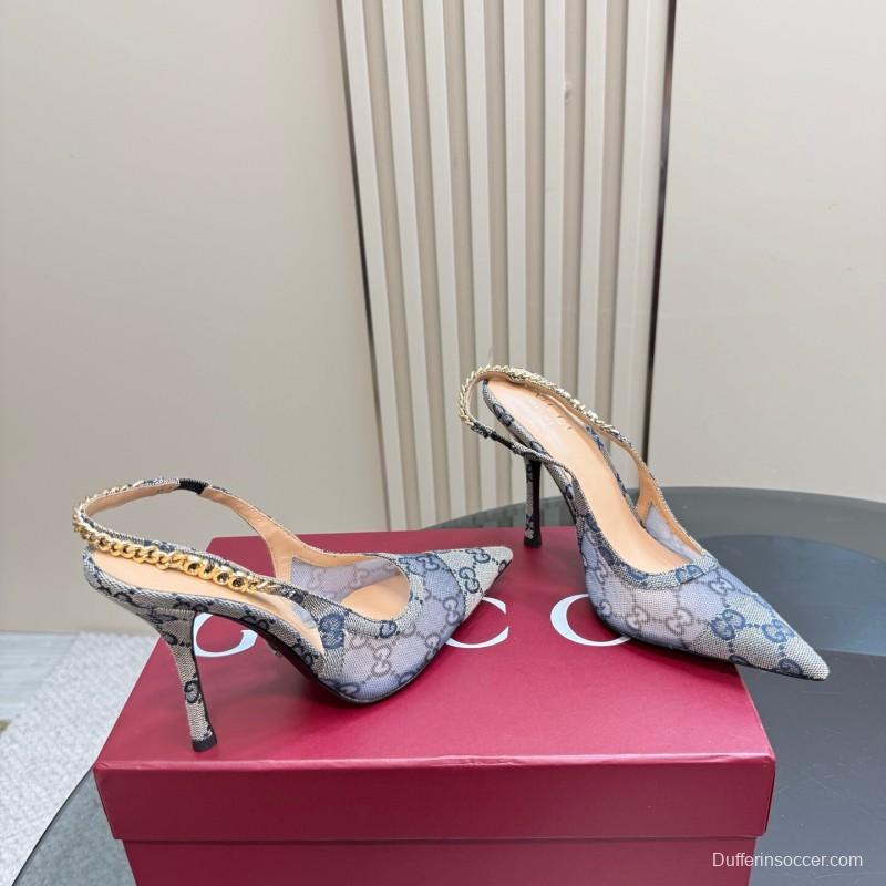 2025 Women Gucci White Mesh Slingback Heels With Crystal Chain Detailing KFY00300(F)