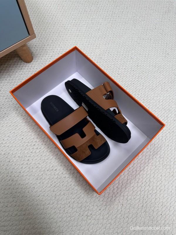 2025 Slippers Hermès Brown Black Leather Nubuck Slippers