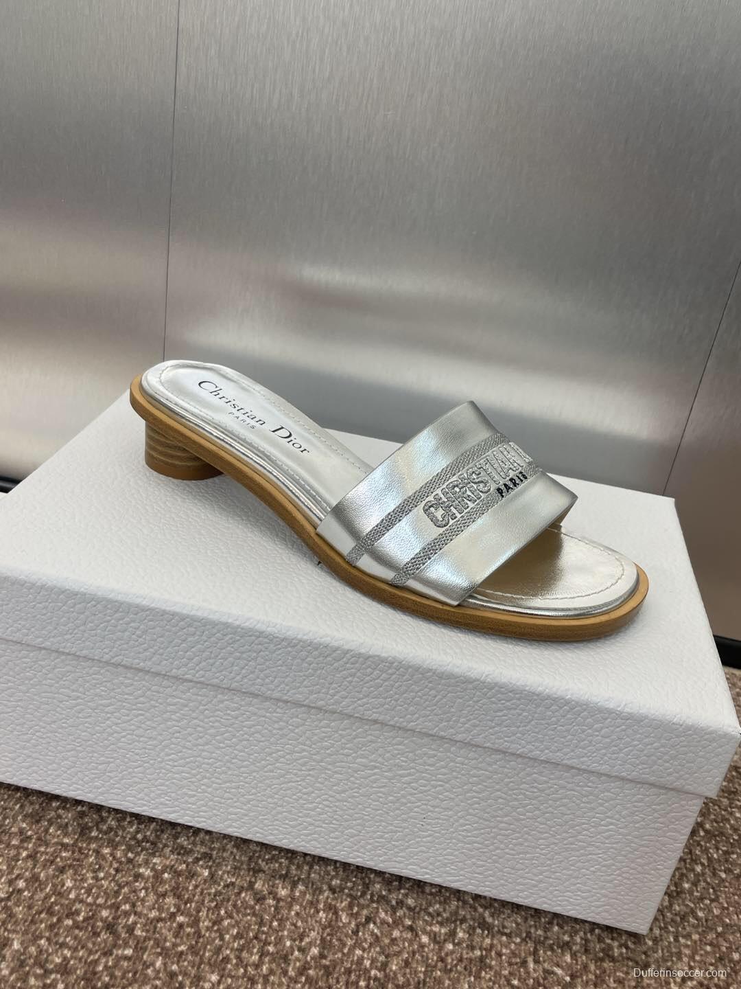 2025 Women Dior Silver Leather Slippers CD Logo KFY00300