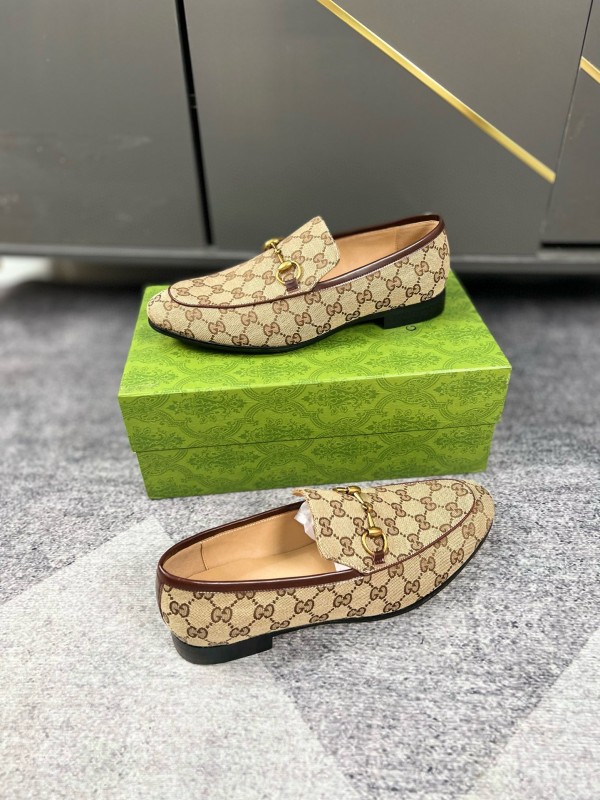 2024 Men Gucci Beige Brown Canvas Leather Loafer