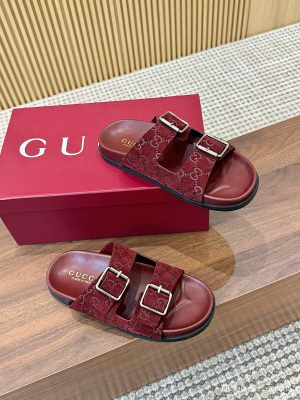 2025 Women Gucci Red Suede Leather Sandals Double Buckle LY00260