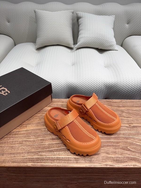 2025 UGG Brown Leather Mesh Slippers KFY00220