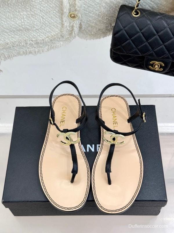 2025 Women Chanel Black Leather Sandals KFY00290