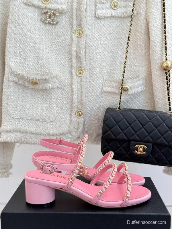 2025 Women Chanel Pink Leather Chain Strap Sandals