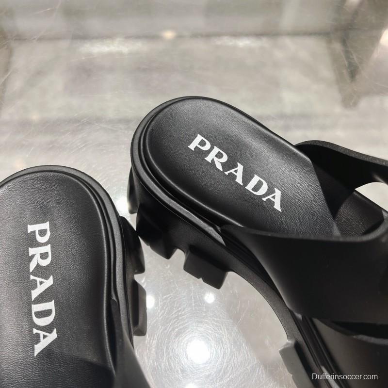 2025 Women Prada Black Leather Slingback Sandals LY00250