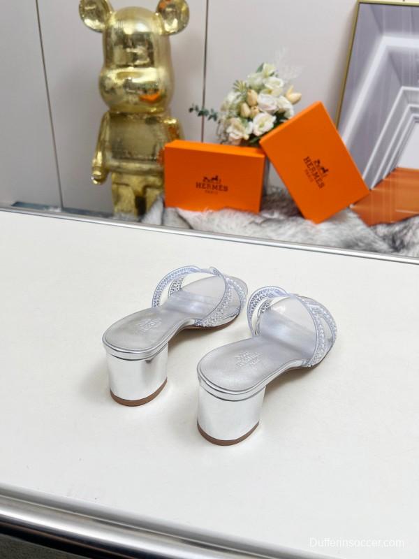 2025 Slippers Hermès Silver Leather Slippers MJ00180/215