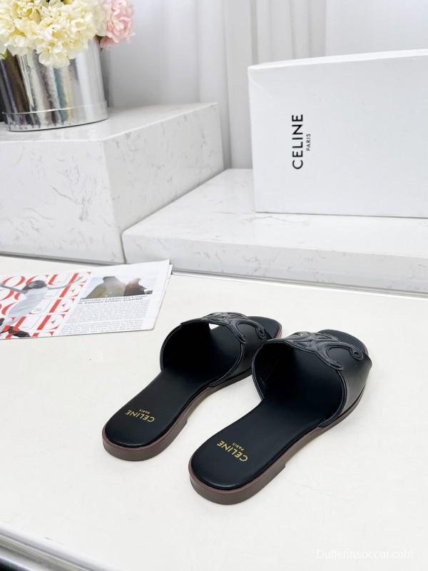 2025 Women Celine Black Leather Slippers LY00190