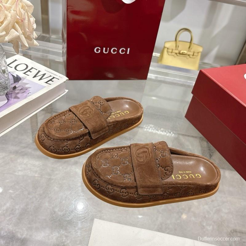 2025 Women Gucci Dark Brown Suede Mule Embossed GG LY00270