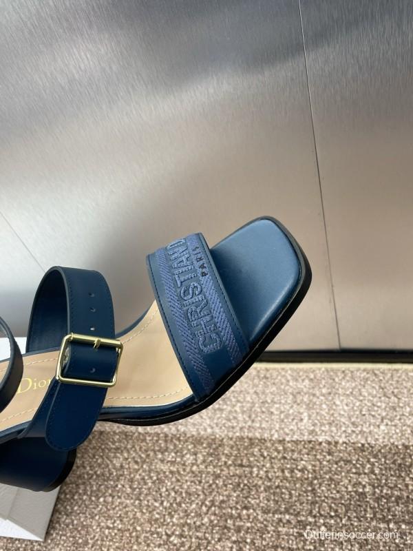 2025 Women Dior Navy Blue Leather Sandals Ankle Strap KFY00310