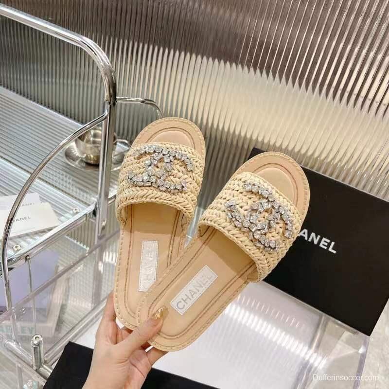 2025 Women Chanel Beige Raffia Crystal Slippers LY00270