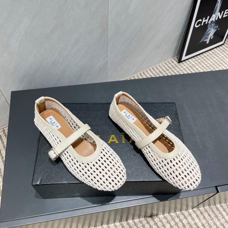 2025 Women Alaïa White Leather Woven Mary Jane Flat Shoes LY00360(F)