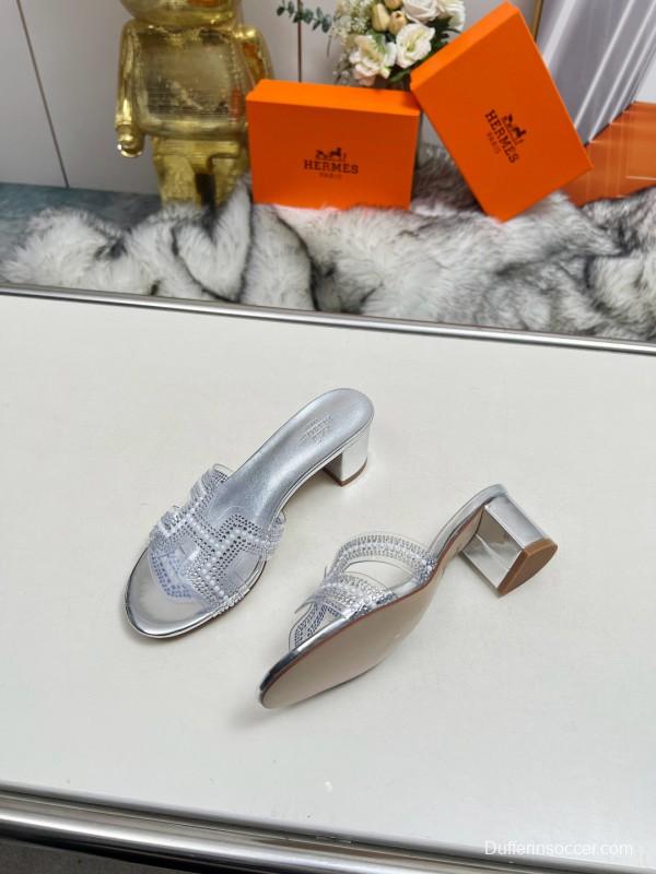 2025 Slippers Hermès Silver Leather Slippers MJ00180/215