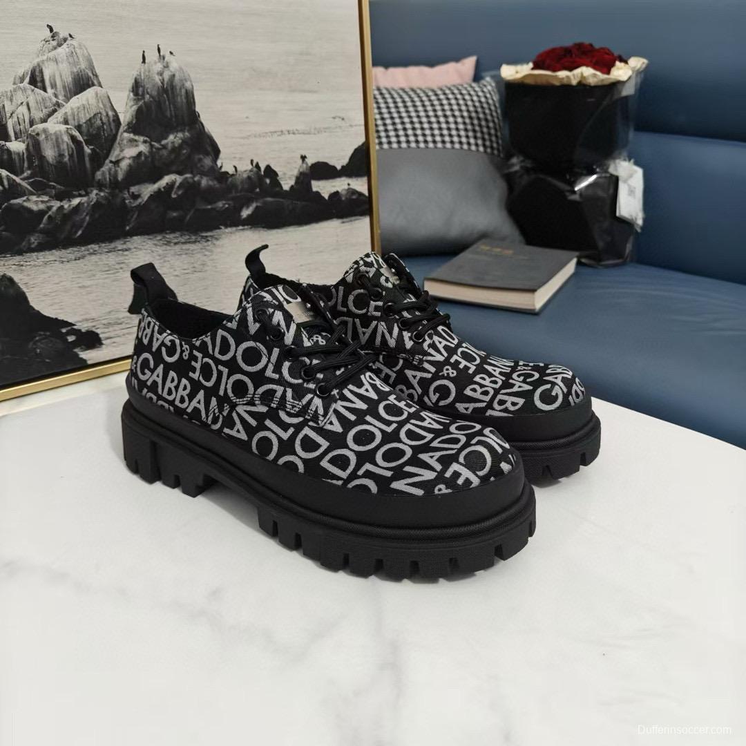 2024 Unisex Dolce & Gabbana Black White Leather Canvas Derby Chunky Shoes MJ00310