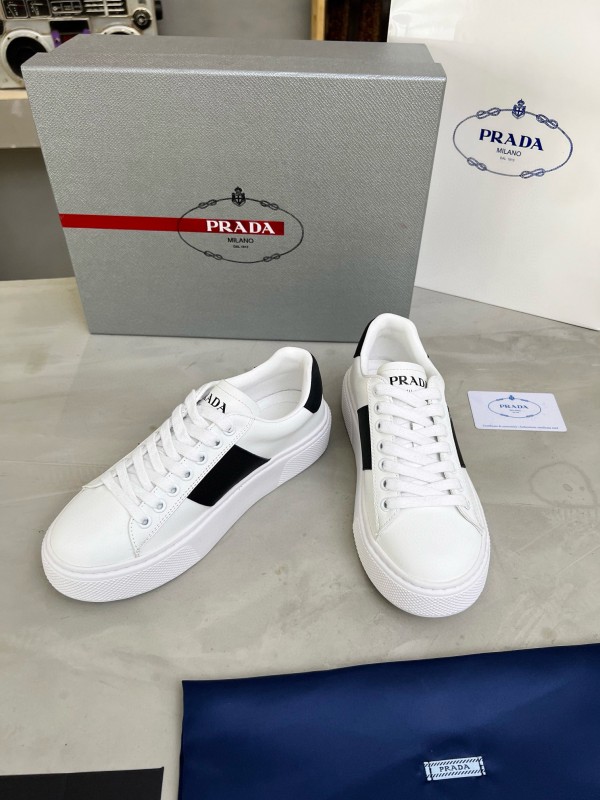 2024 Unisex Prada White Black Silk Calfskin Leather Sneakers MJ00310