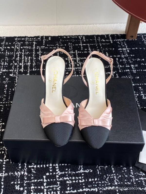 2025 Women Chanel Pink Black Satin Leather Slingback Heels KFY00289