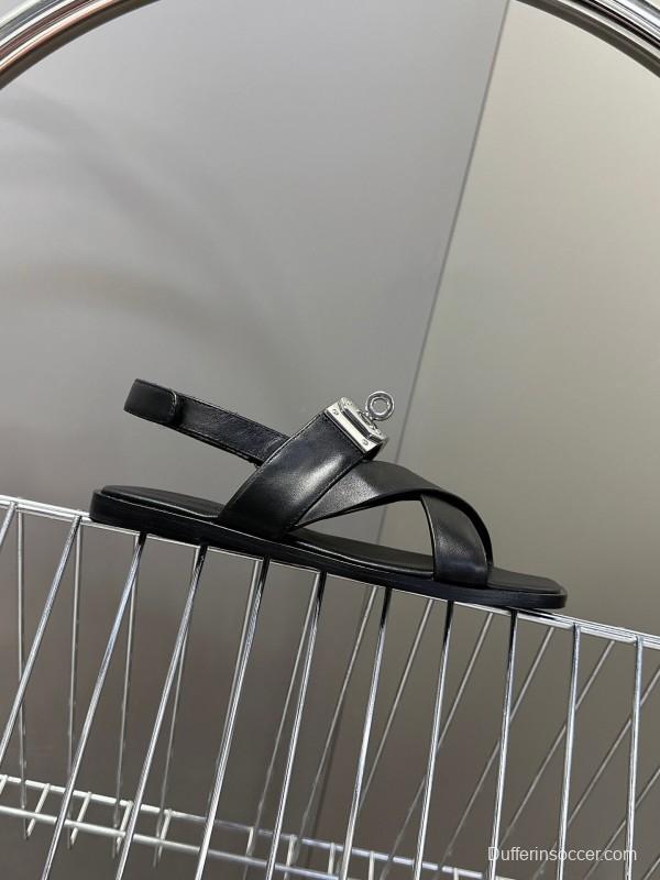 2025 Women Hermès Black Leather Sandals Metal Buckle KFY00300