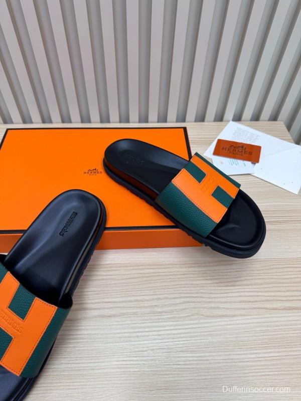 2025 Hermès Green Orange Leather Slippers