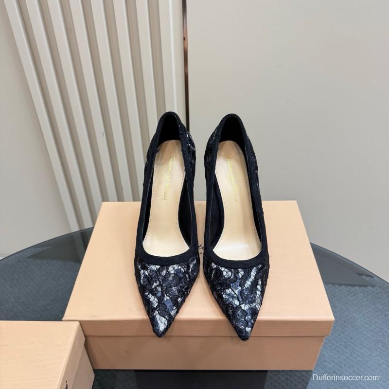 2025 Women Gianvito Rossi Black Lace Leather High Heel KFY00280