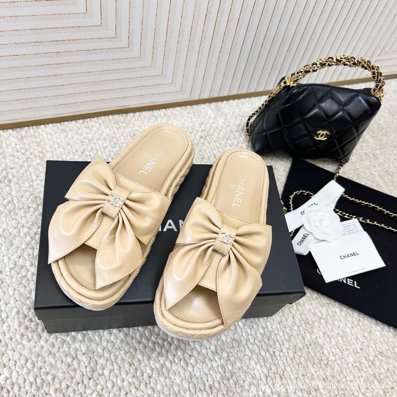 2025 Women Chanel Beige Leather Slippers Bow KFY00310