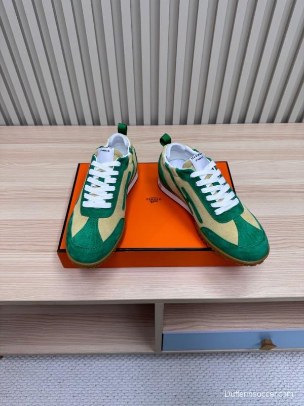 2025 Unisex Hermès Green Beige Suede Down Fabric Sneakers Top Version KFY00300