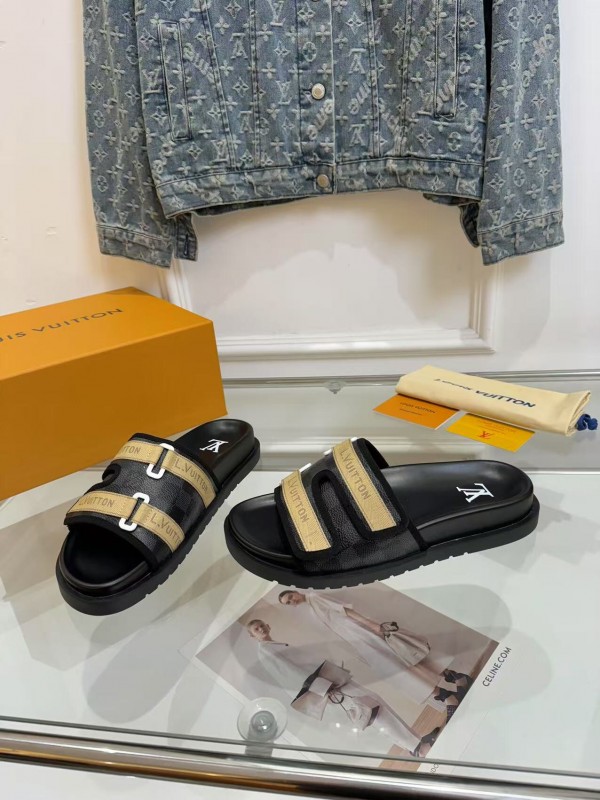 2025 Slippers Louis Vuitton Black Beige Canvas Slippers LYT001