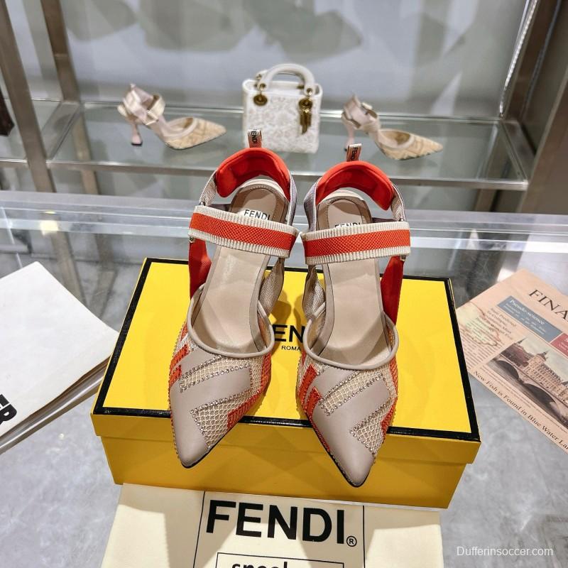 2025 Women Fendi Beige Orange Leather Fabric High Heels MJ00280