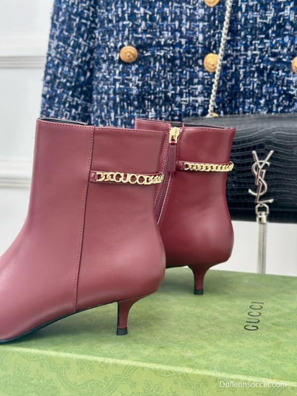 2024 Women Gucci Burgundy Leather Ankle Boots Chain MJ00410