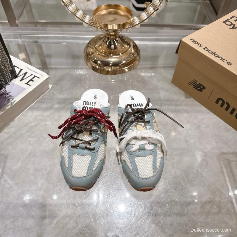 2025 Women Miu Miu Blue White Beige Leather Mesh Sneakers