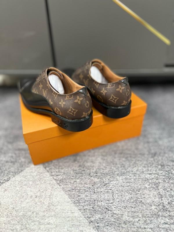 2024 Men Louis Vuitton Brown Black Leather Canvas Oxford MJ00380