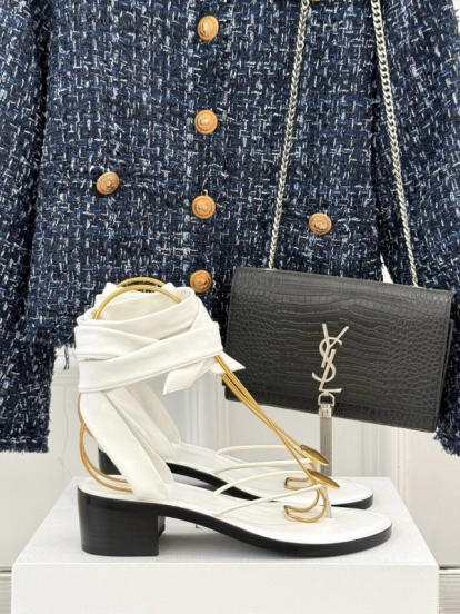2025 Women Yves Saint Laurent White Leather Strappy Sandals KFY00300
