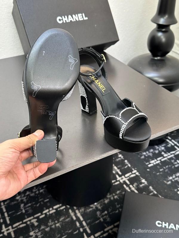 2025 Women Chanel Black Fabric Leather Rhinestone Platform Sandals KFY00320