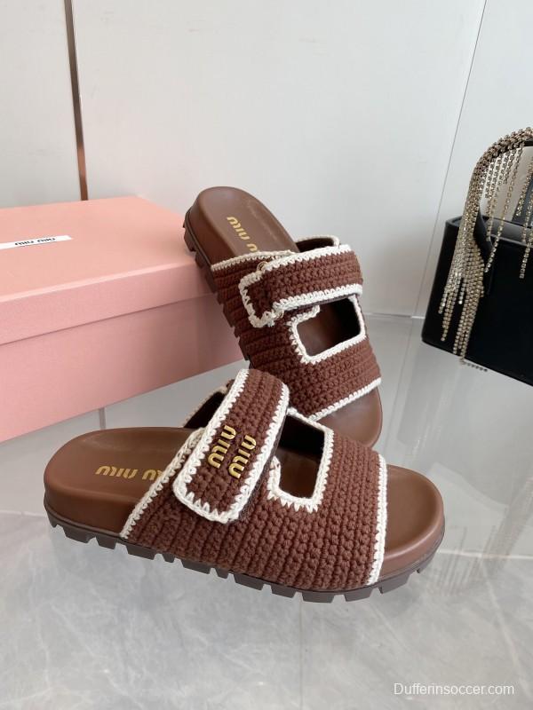 2025 Miu Miu Brown White Crochet Slippers KFY00290