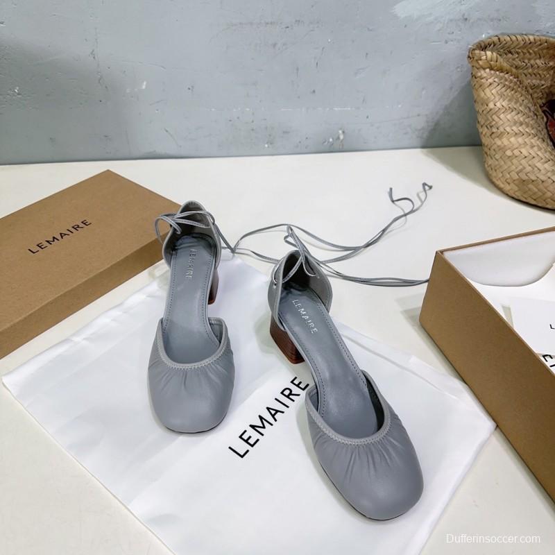 2025 Women LEMAIRE Light Grey Leather Mary Jane Block Heel KFY00300