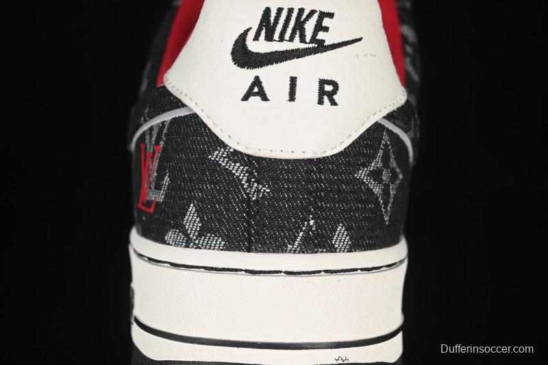 Nike Air Force 1 '07 Low LV Collaboration Black Denim Red Swoosh Casual Sneakers - LW9279-001