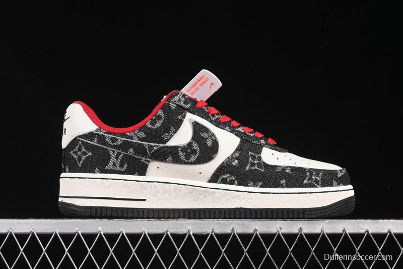 Nike Air Force 1 '07 Low LV Collaboration Black Denim Red Swoosh Casual Sneakers - LW9279-001