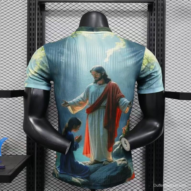 Player Version 2025 Brazil Light Blue with Jesus Christ Religious Artwork Jersey