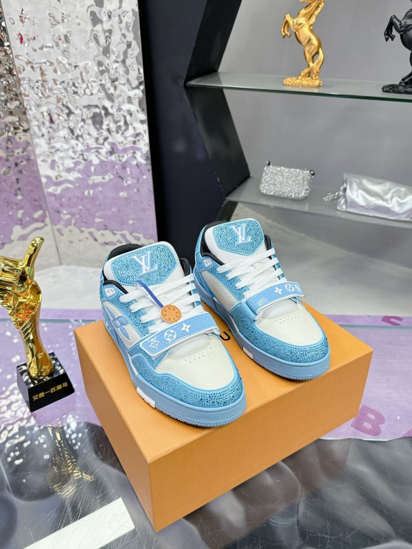 2025 Unisex Louis Vuitton Blue White Leather Denim Plimsolls Beaded LV Trainer AS00400