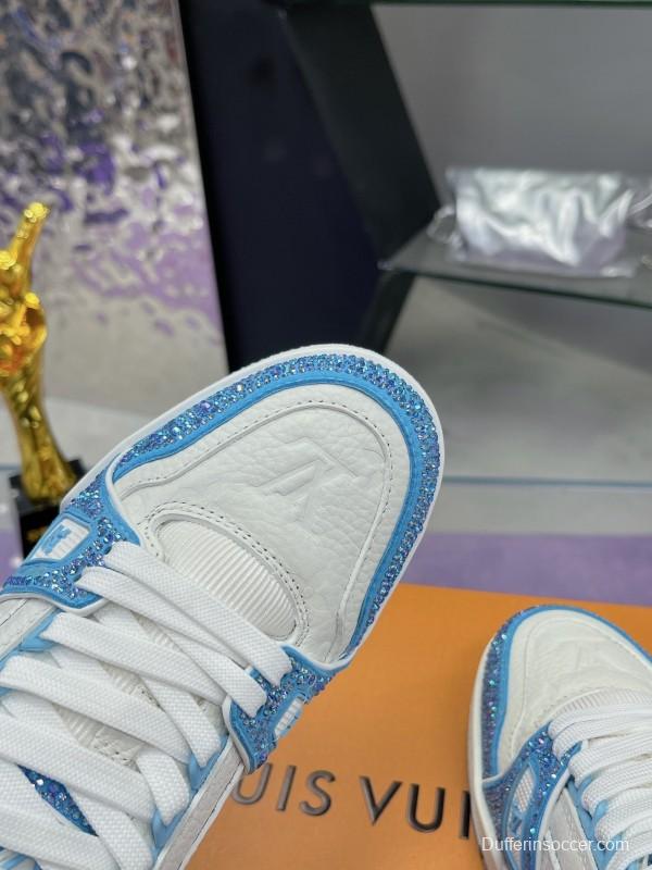 2025 Unisex Louis Vuitton Light Blue White Leather Denim Plimsolls Hand Drilled AS00400