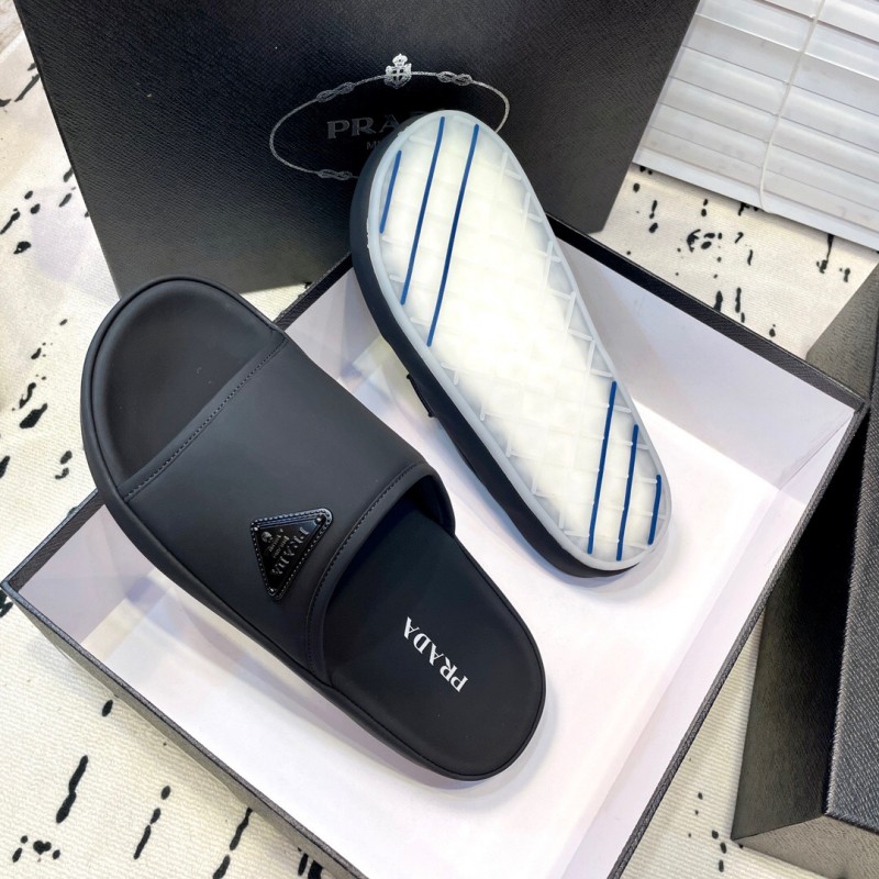 2025 Men Prada Black Fabric Slippers Logo KFY00230