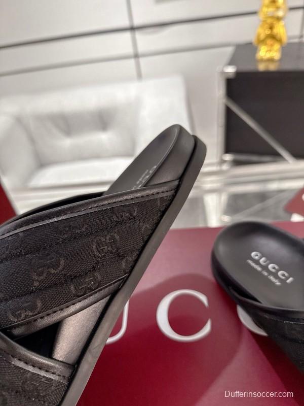 2025 Unisex Gucci Black Fabric Leather Slippers GG Embossed AS00240