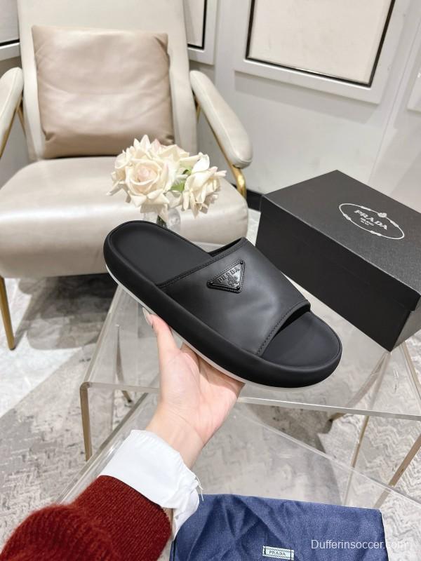2025 Men Prada Black Leather Slippers KFY00220
