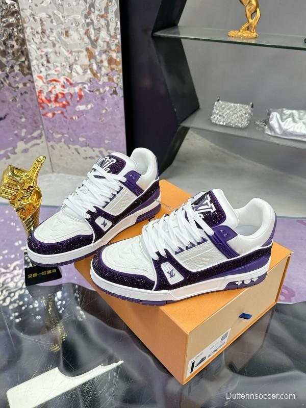 2025 Unisex Louis Vuitton White Purple Leather Denim Plimsolls Handmade Beaded AS00400